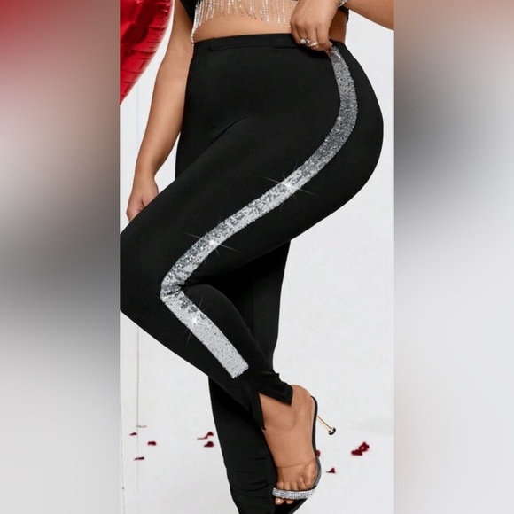 Women's Plus Size Sequined Patchwork Leggings With Side Slit - Picture 4 of 5